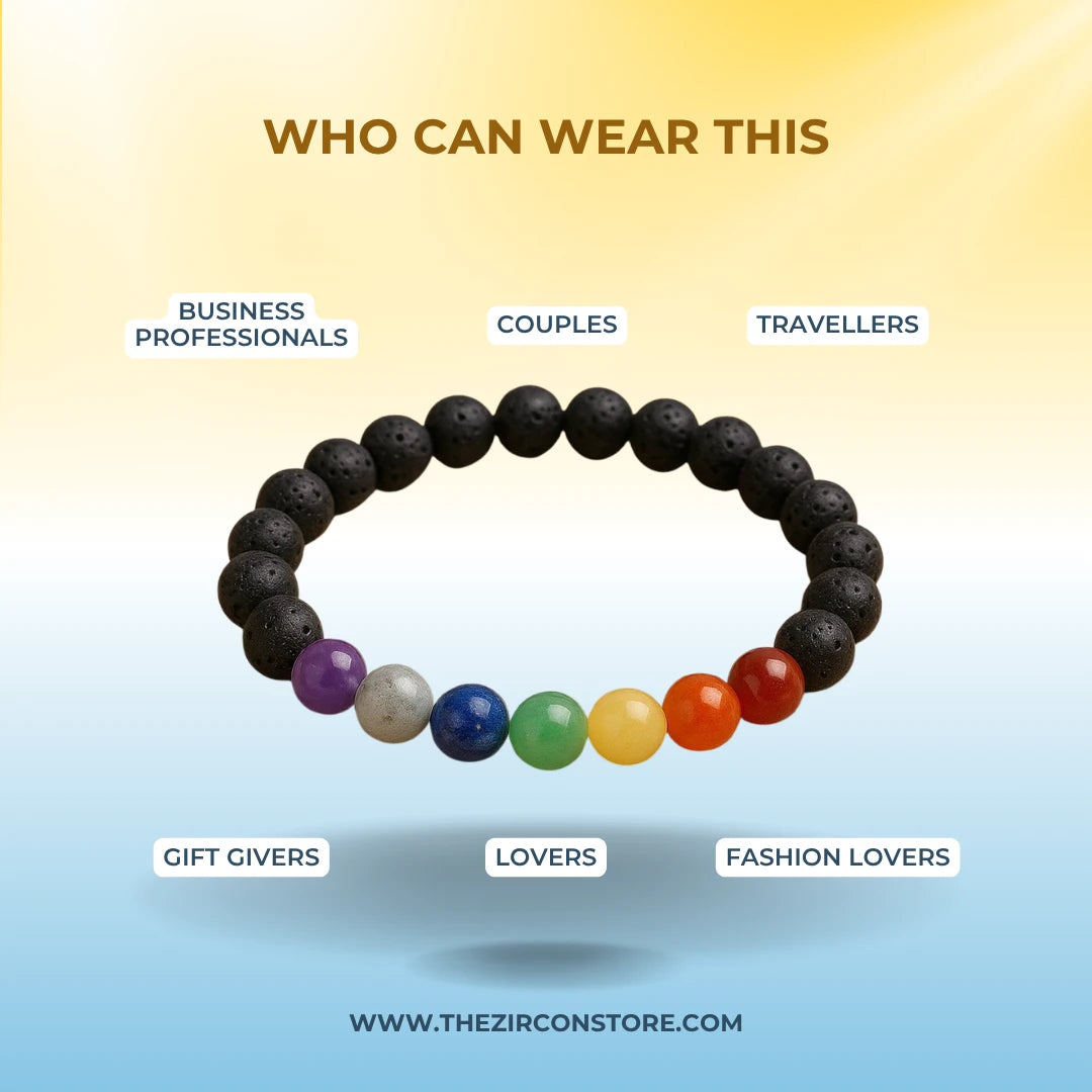 7 Chakra bracelet benefits infographic showing colorful beaded bracelet with lifestyle and fashion advantages