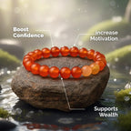 carnelian bracelet on a rock with text indicating benefits, set against a natural background.