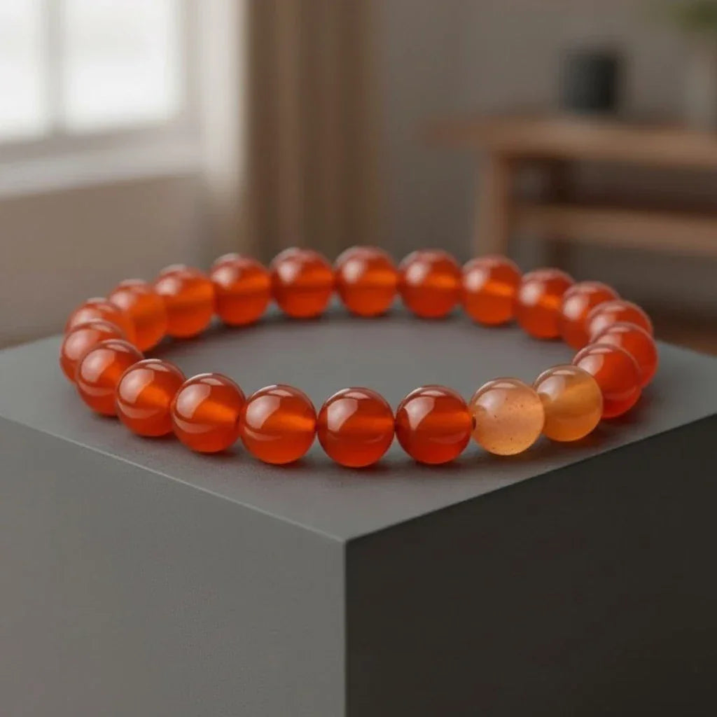 carnelian bracelet on a gray surface with a blurred indoor background