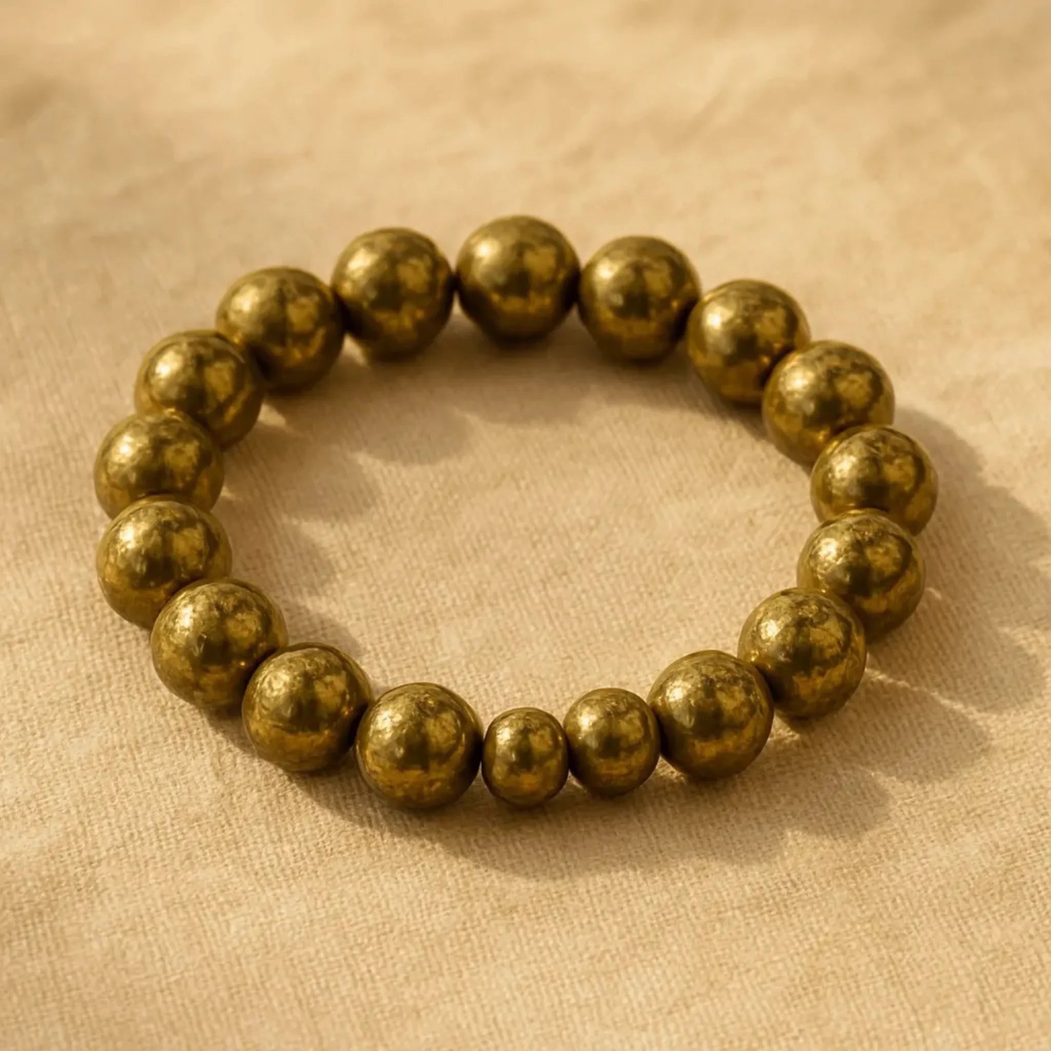 Close-up of natural golden pyrite bracelet