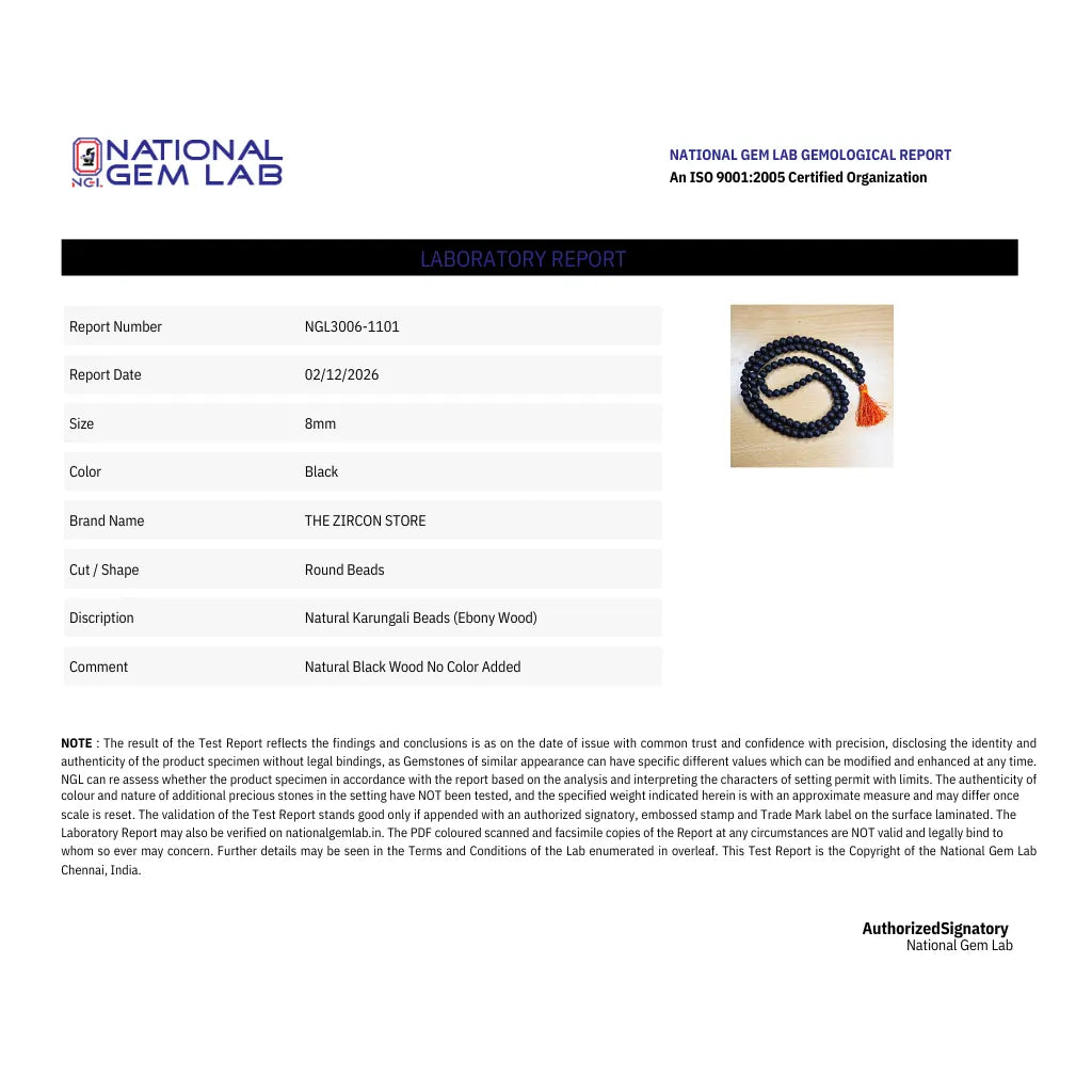 National Gem Lab laboratory report for beads with a photo of the product on a white background.