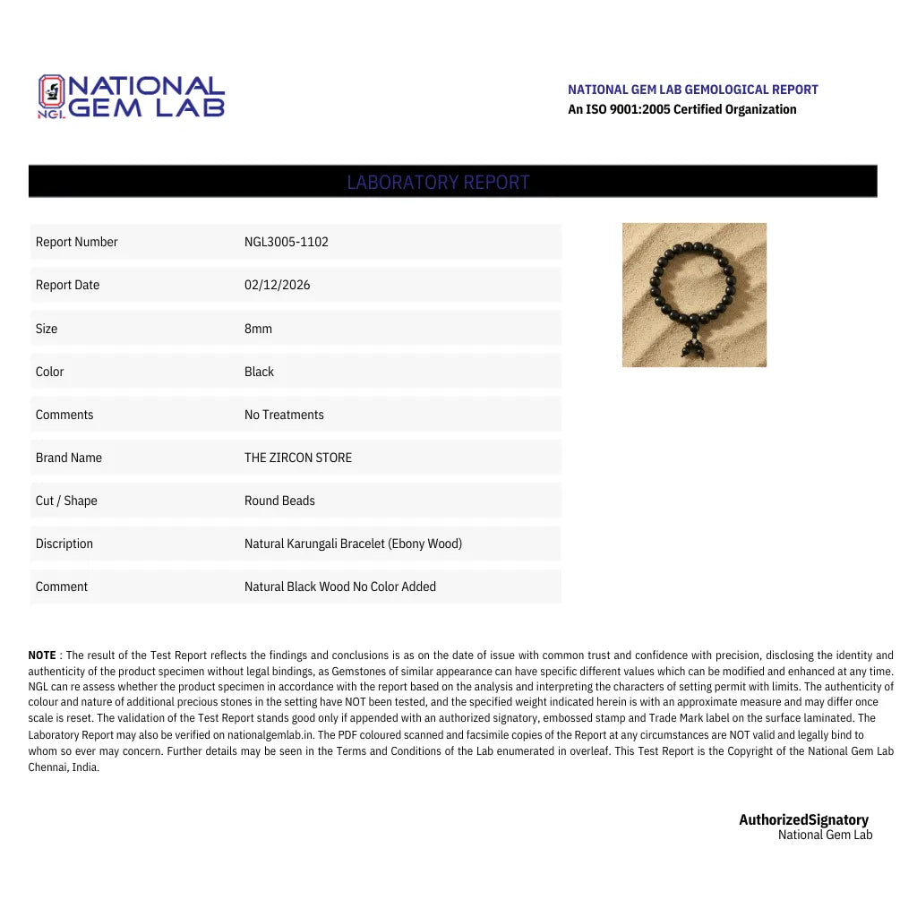 National Gem Lab laboratory report for a black bead bracelet with product details.