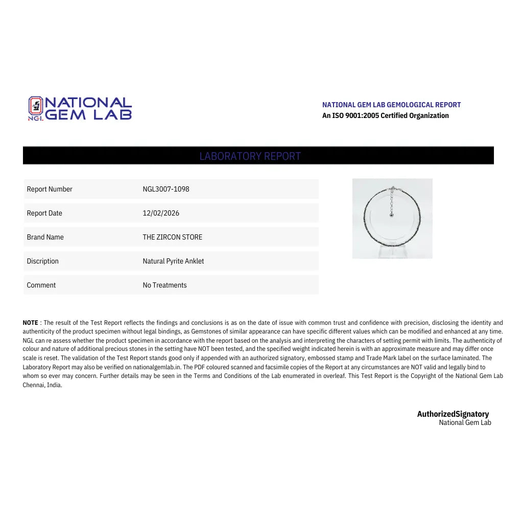 National Gem Lab laboratory report for a natural pyrite anklet with brand name 'The Zircon Store'.