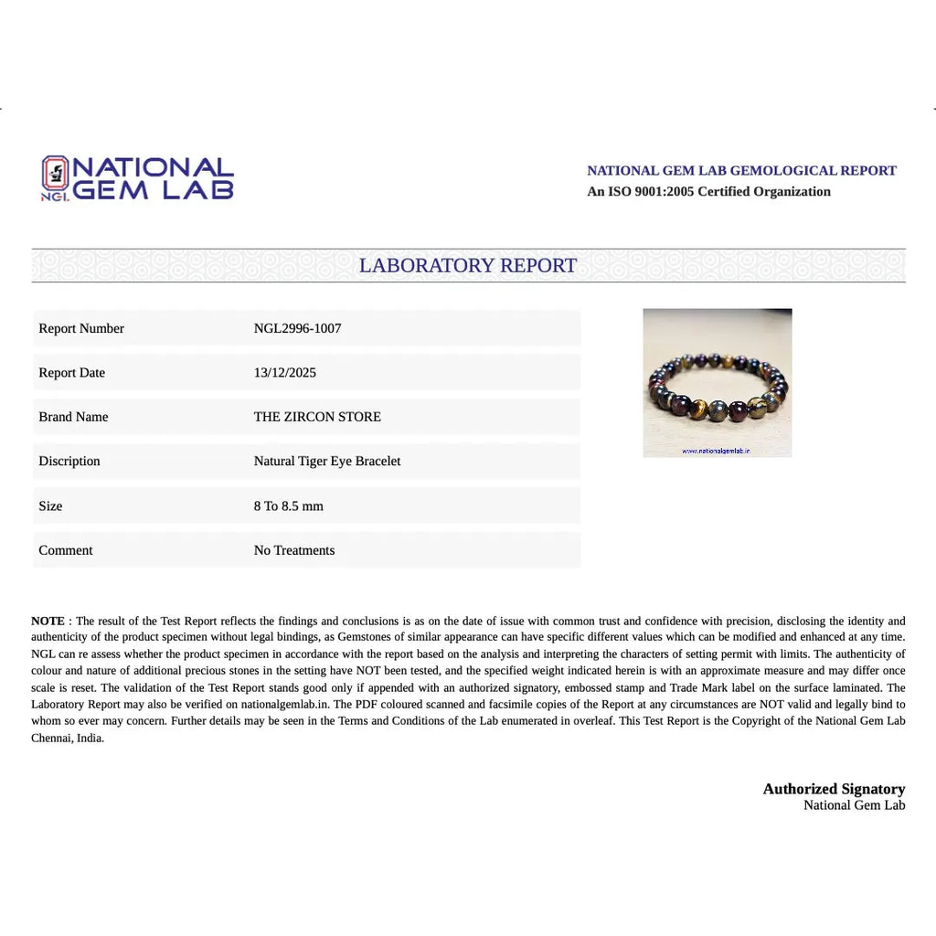 National Gem Lab laboratory report for a natural tiger eye bracelet with product details.