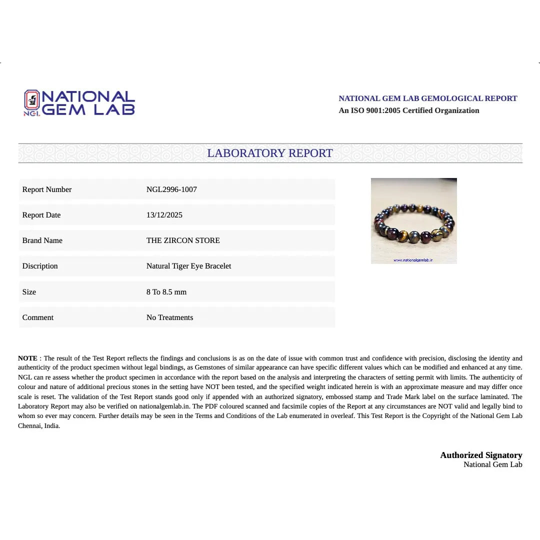 National Gem Lab laboratory report for a natural tiger eye bracelet with product details.