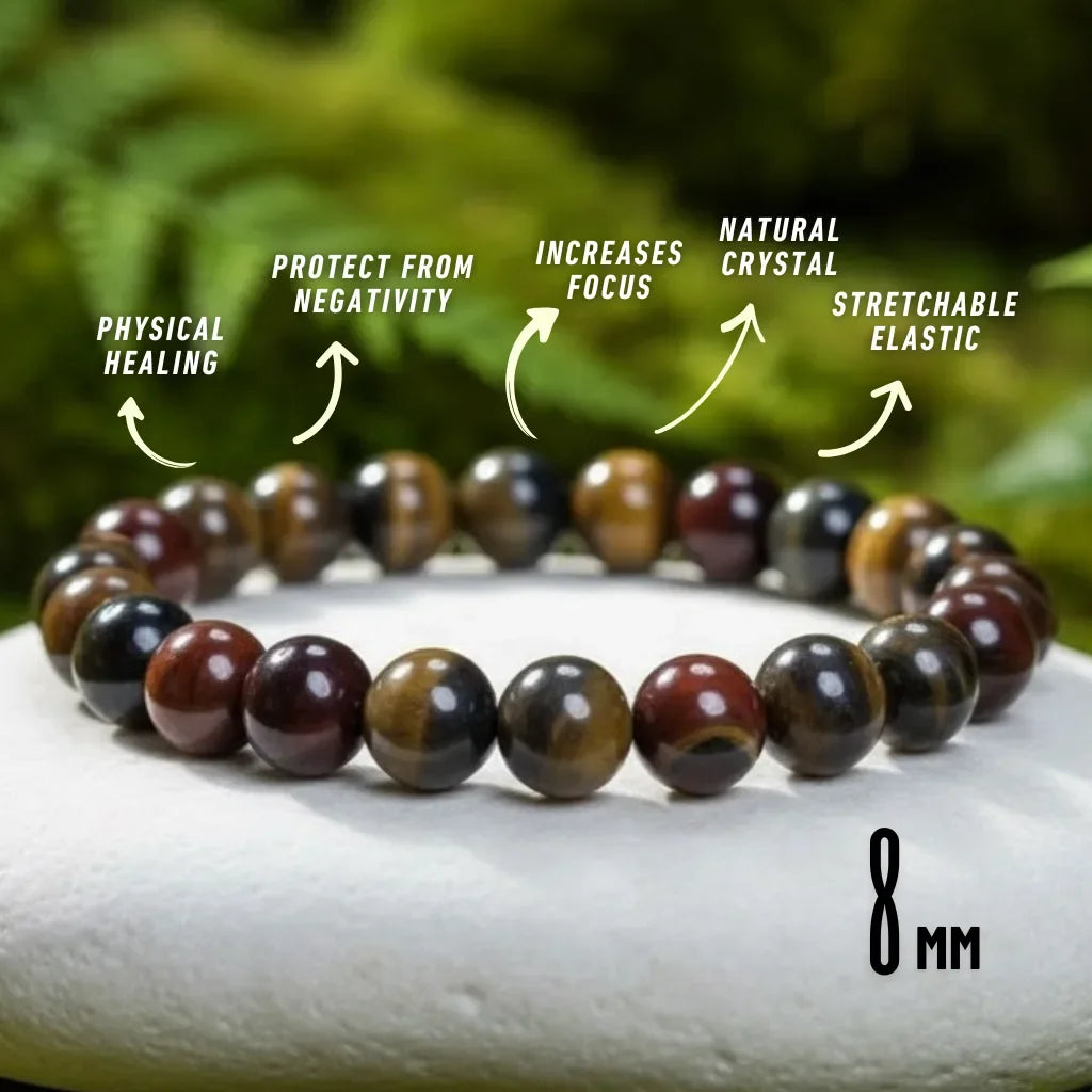 tiger eye bracelet with text highlighting its benefits on a natural background